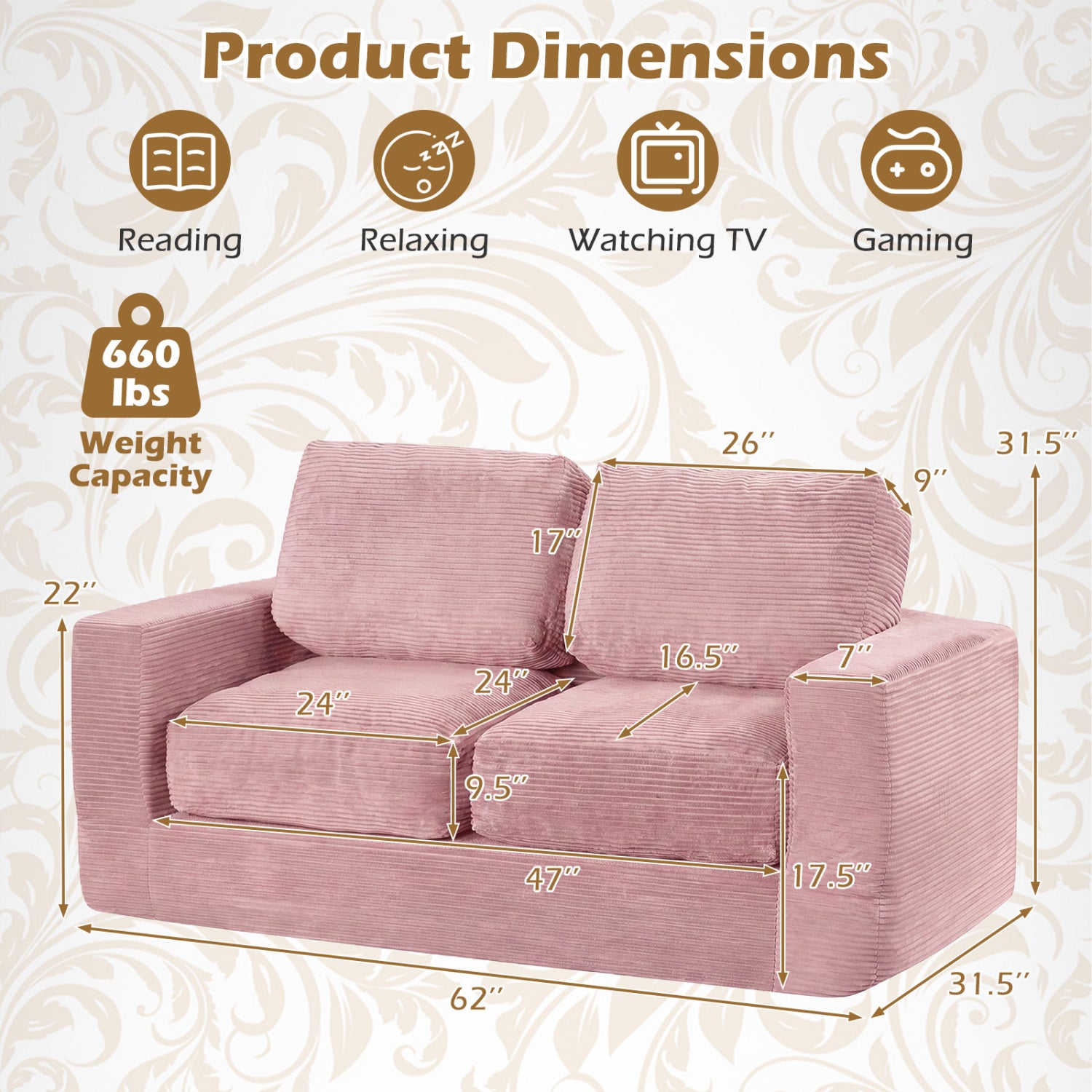 2-Seater Corduroy Floor Loveseat Couch, Pink Sofas & Loveseats at Gallery Canada