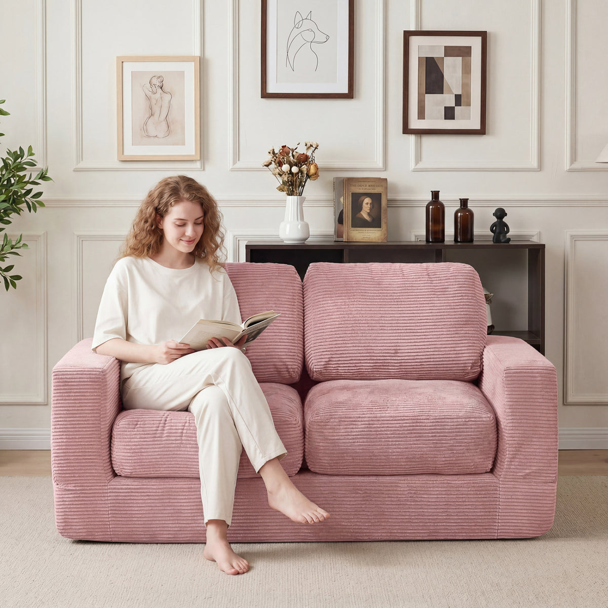 2-Seater Corduroy Floor Loveseat Couch, Pink Sofas & Loveseats at Gallery Canada