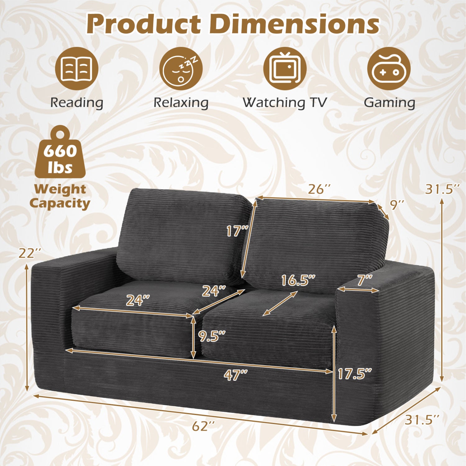 2-Seater Floor Couch Loveseat, Corduroy, Black Sofas & Loveseats at Gallery Canada