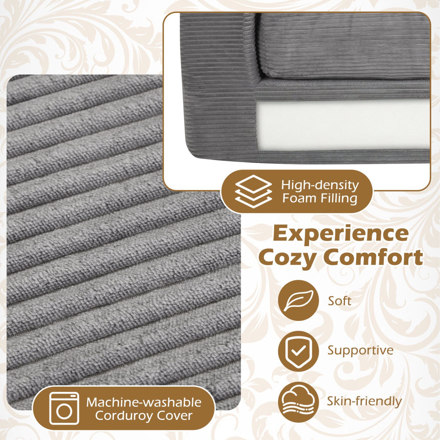 2 Seat Floor Couch Loveseat Foam Sofa, Corduroy Cover, Gray Sofas & Loveseats at Gallery Canada