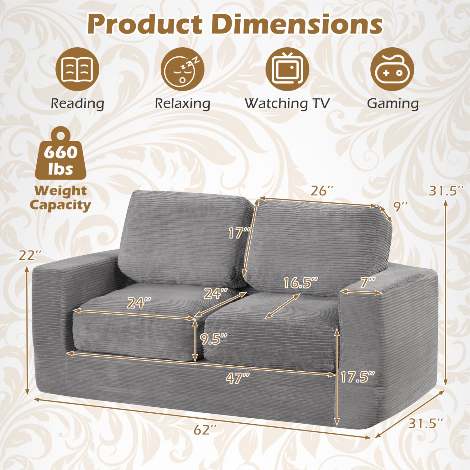 2 Seat Floor Couch Loveseat Foam Sofa, Corduroy Cover, Gray Sofas & Loveseats at Gallery Canada