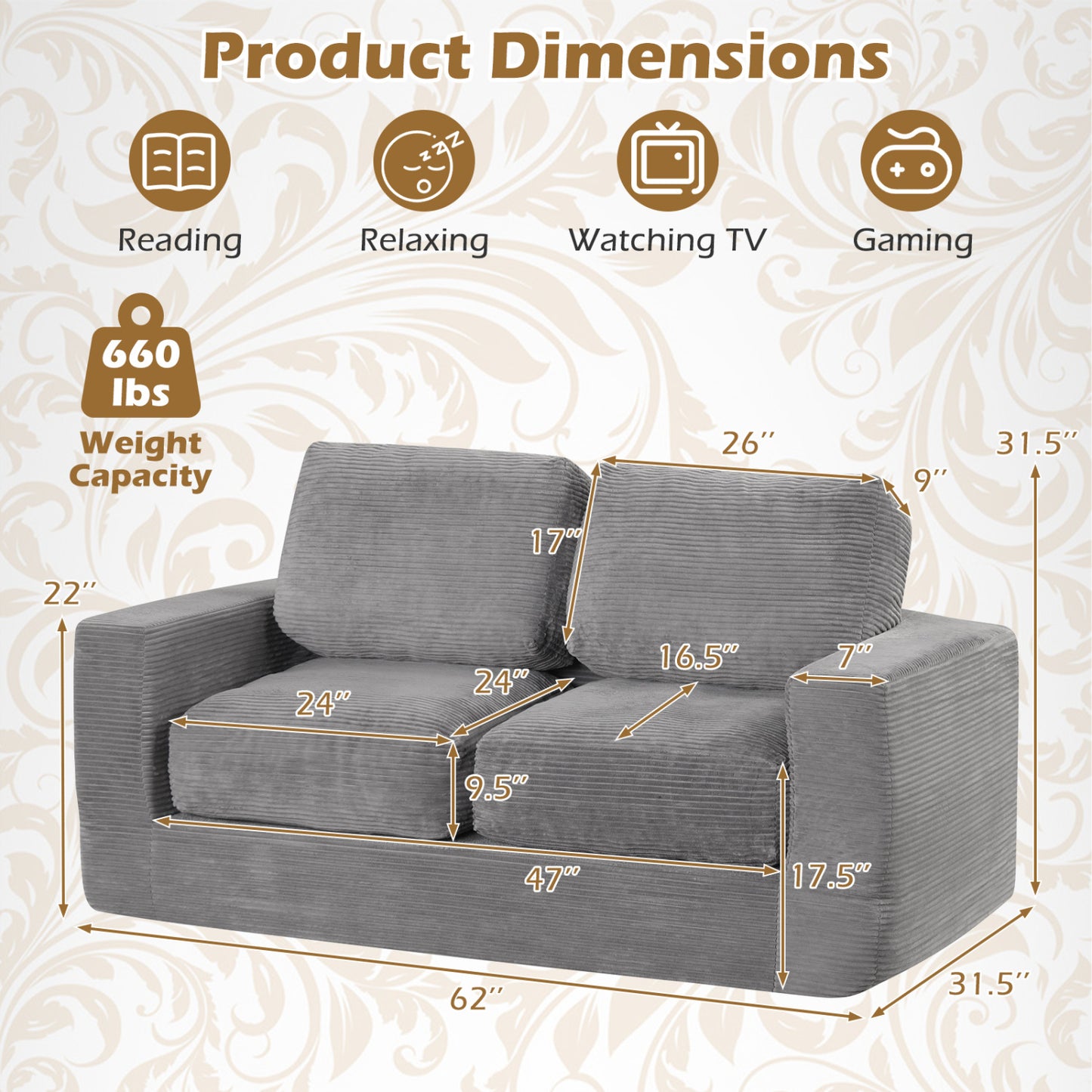 2 Seat Floor Couch Loveseat Foam Sofa, Corduroy Cover, Gray Sofas & Loveseats at Gallery Canada