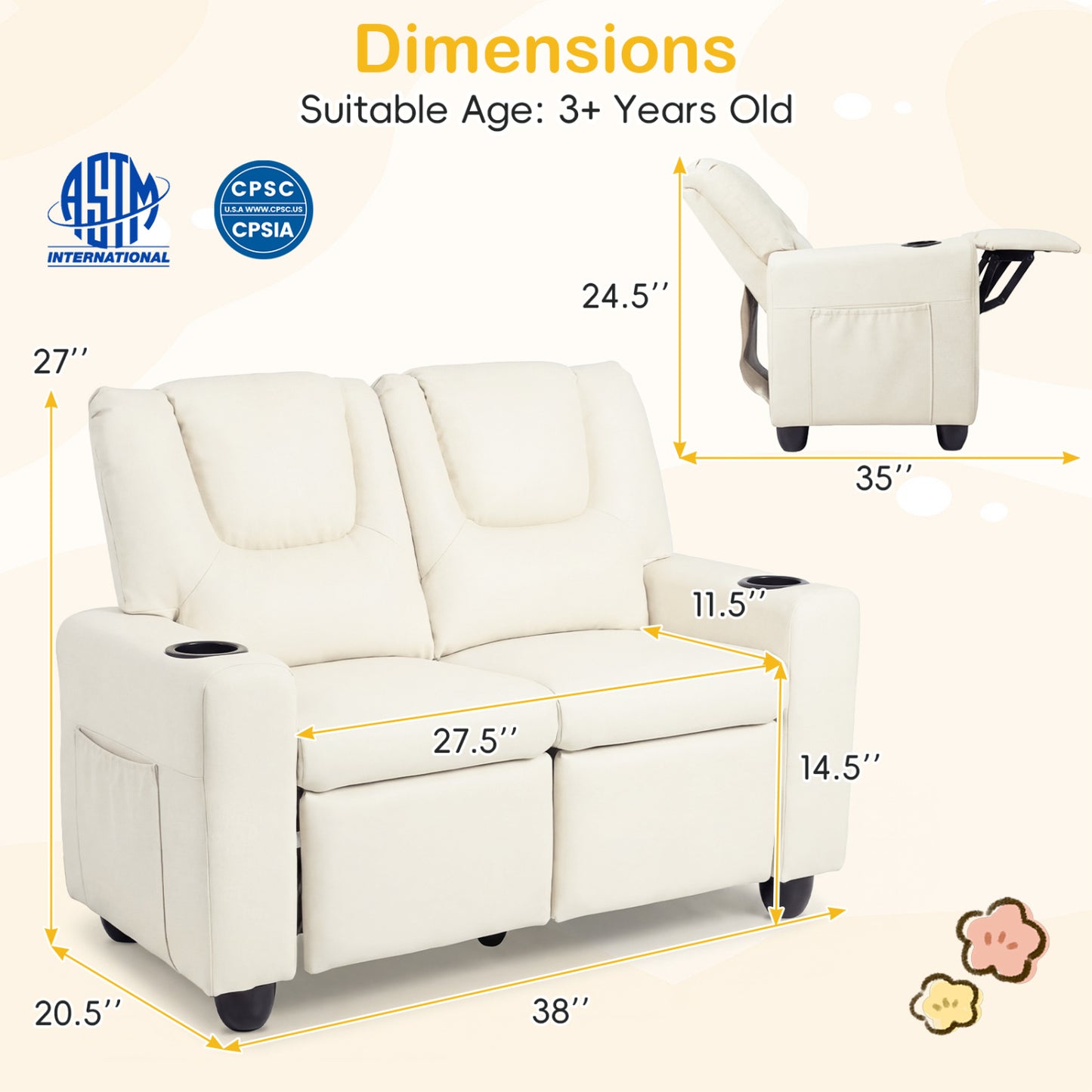 2-Seater Kids Recliner Sofa Chair, Beige Kids Chairs & Seating at Gallery Canada