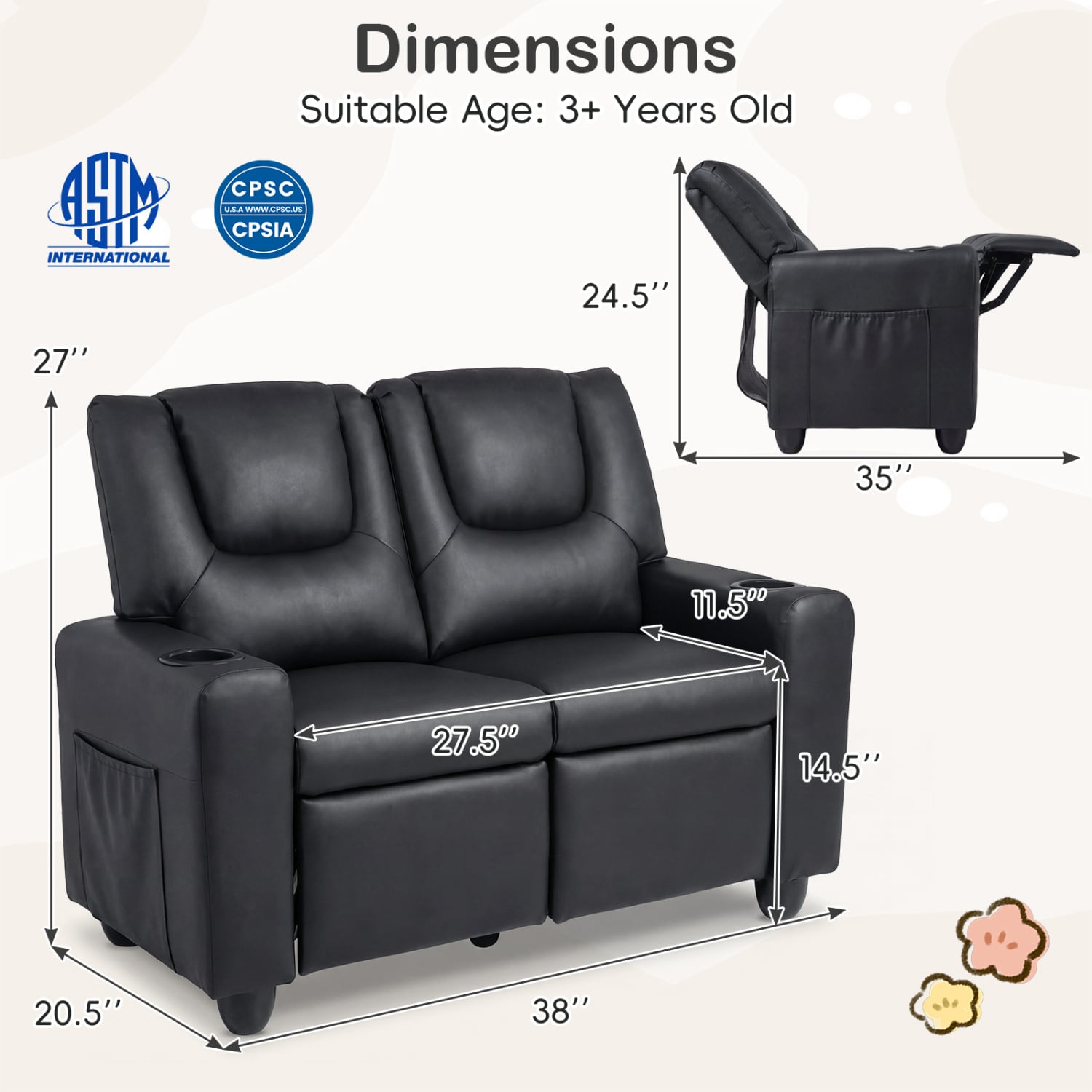 2-Seater Kids Recliner Sofa Chair, Black Kids Chairs & Seating at Gallery Canada