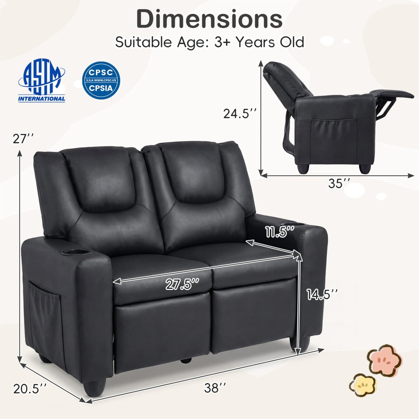 2-Seater Kids Recliner Sofa Chair, Black Kids Chairs & Seating at Gallery Canada