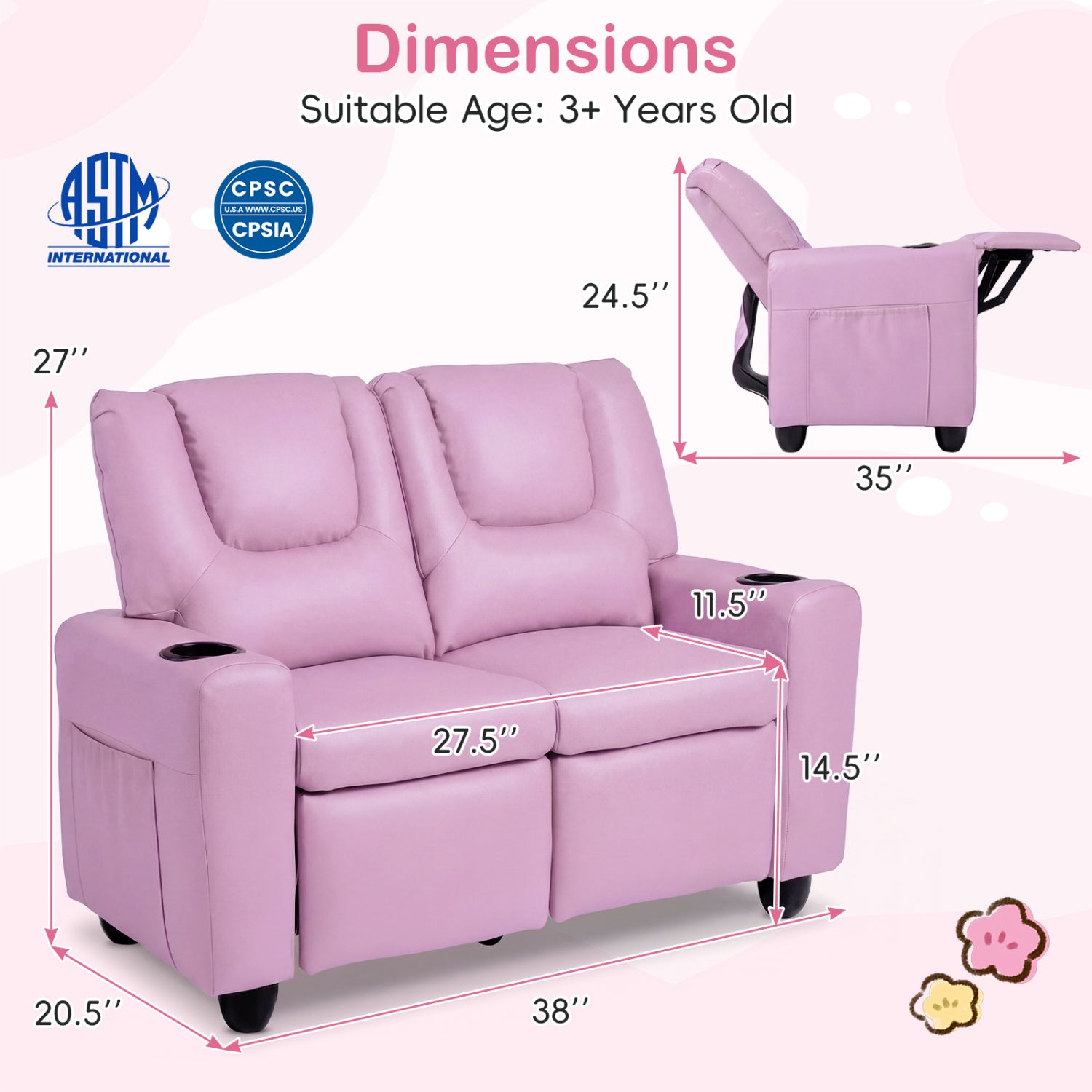 2-Seater Kids Recliner Sofa with Cup Holders, Pink Kids Chairs & Seating at Gallery Canada