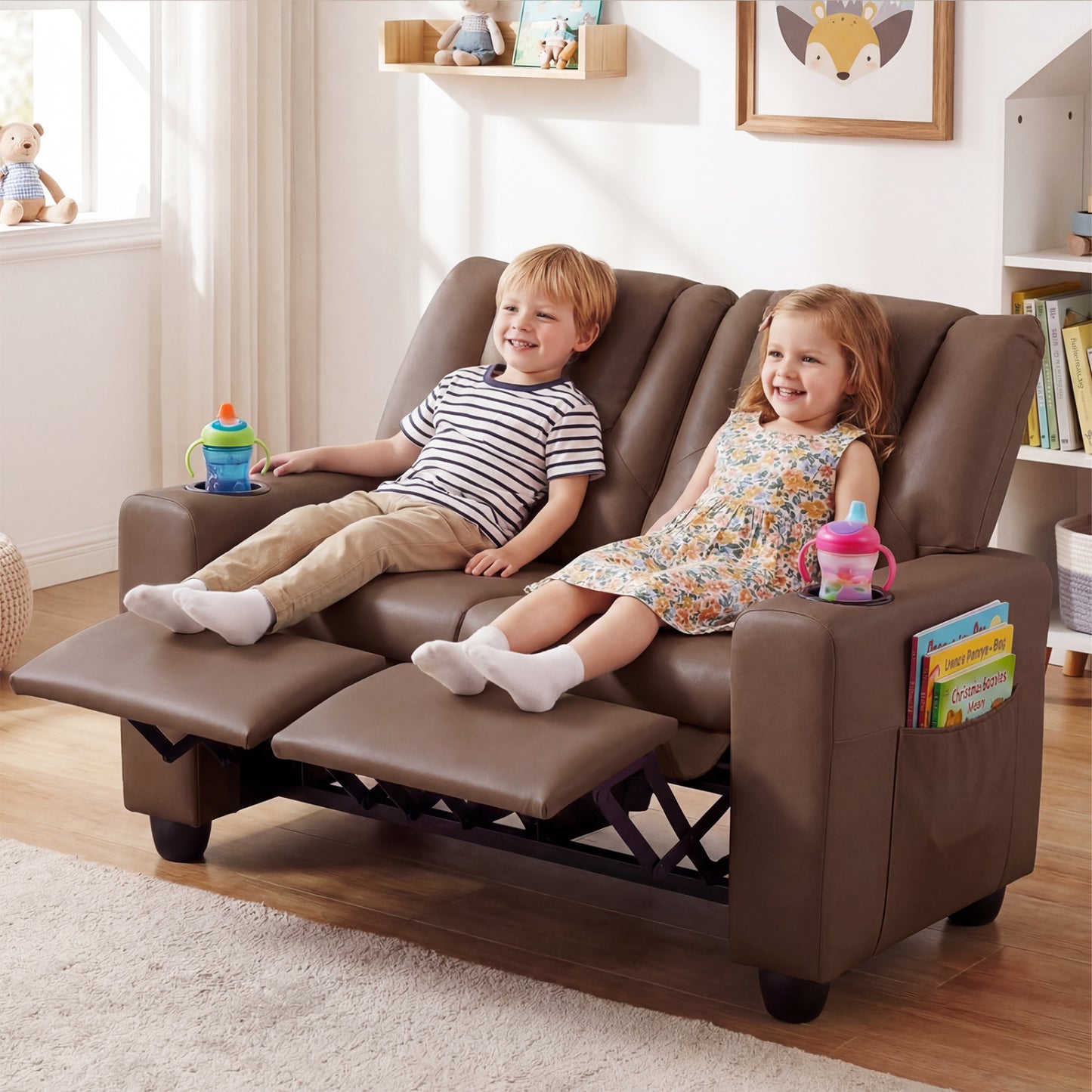 2-Seater Kids Recliner Sofa with Cup Holders, Brown Kids Chairs & Seating at Gallery Canada