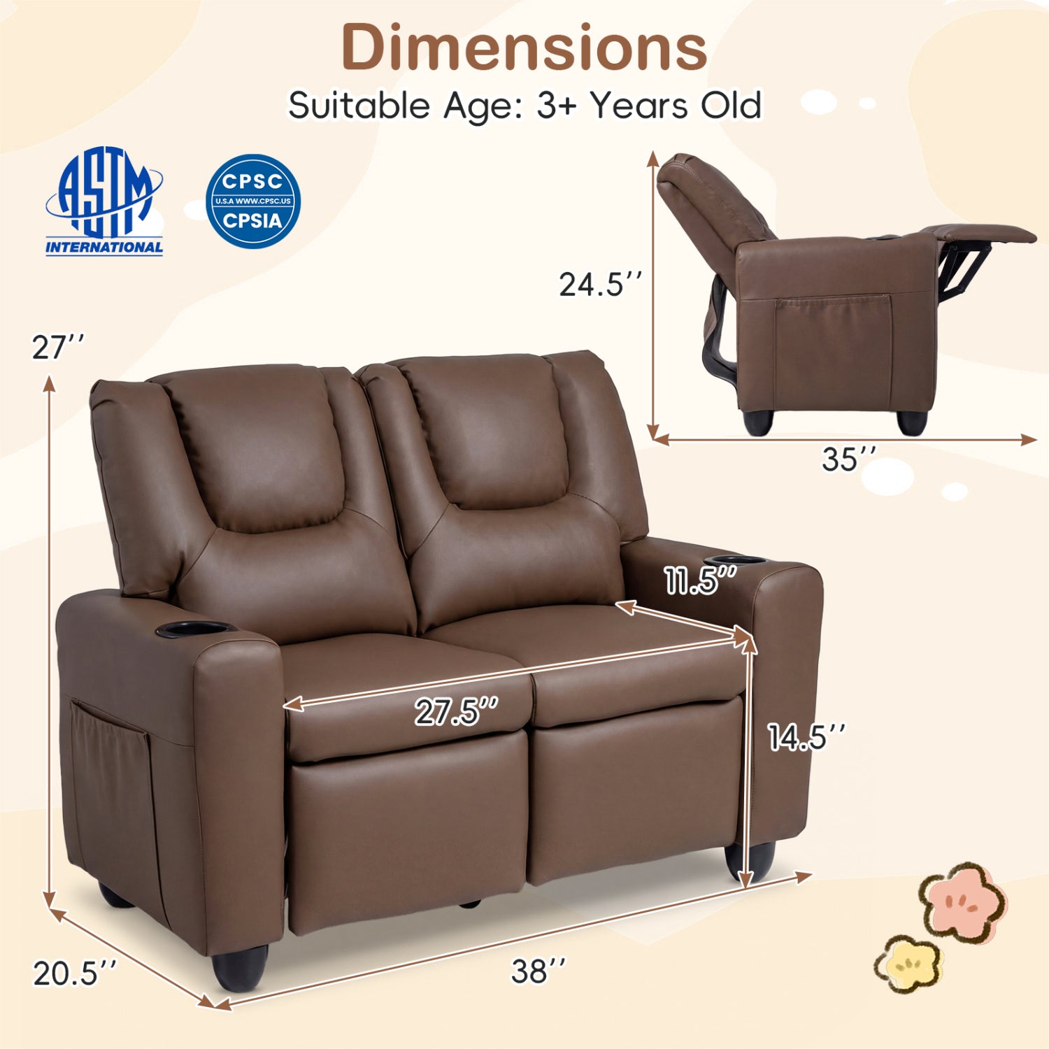 2-Seater Kids Recliner Sofa with Cup Holders, Brown Kids Chairs & Seating at Gallery Canada