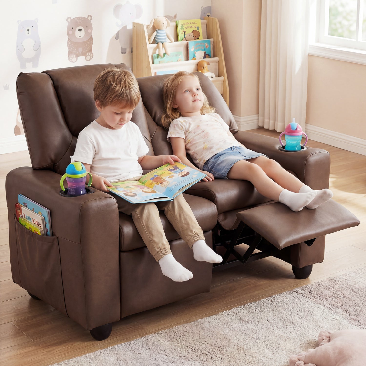 2-Seater Kids Recliner Sofa with Cup Holders, Brown Kids Chairs & Seating at Gallery Canada