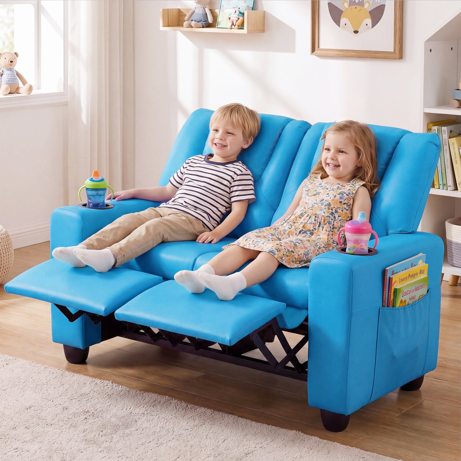 2-Seater Kids Recliner Double Toddler Sofa with 2 Cup Holders, Blue Kids Chairs & Seating at Gallery Canada