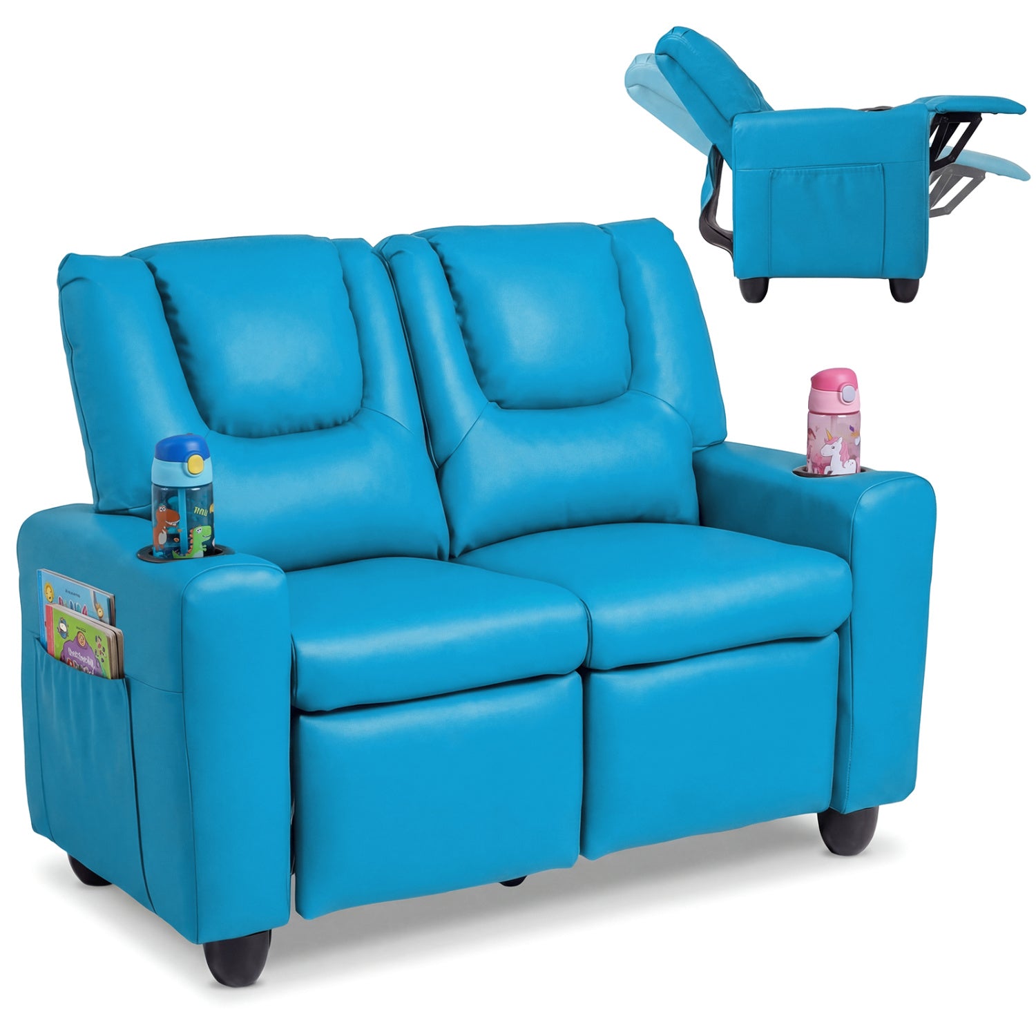 2-Seater Kids Recliner Double Toddler Sofa with 2 Cup Holders, Blue Kids Chairs & Seating at Gallery Canada