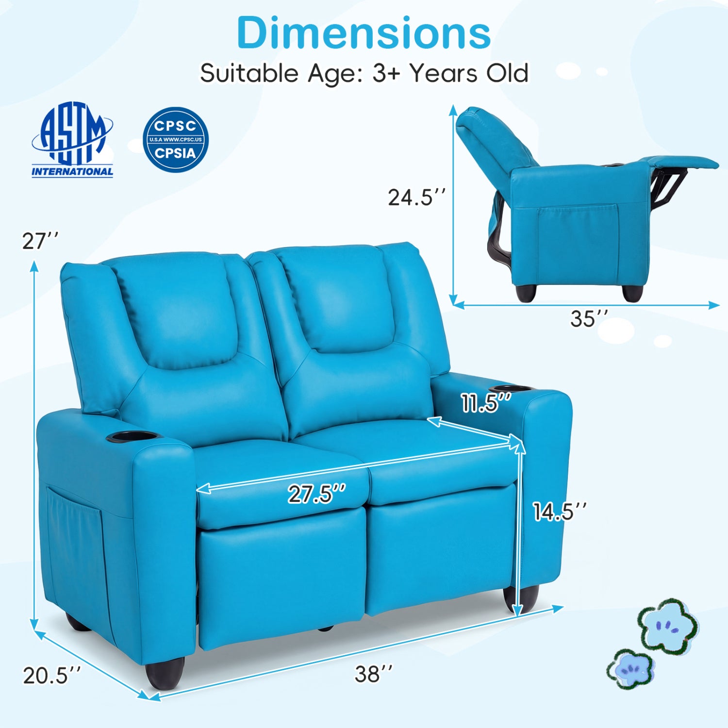 2-Seater Kids Recliner Double Toddler Sofa with 2 Cup Holders, Blue Kids Chairs & Seating at Gallery Canada