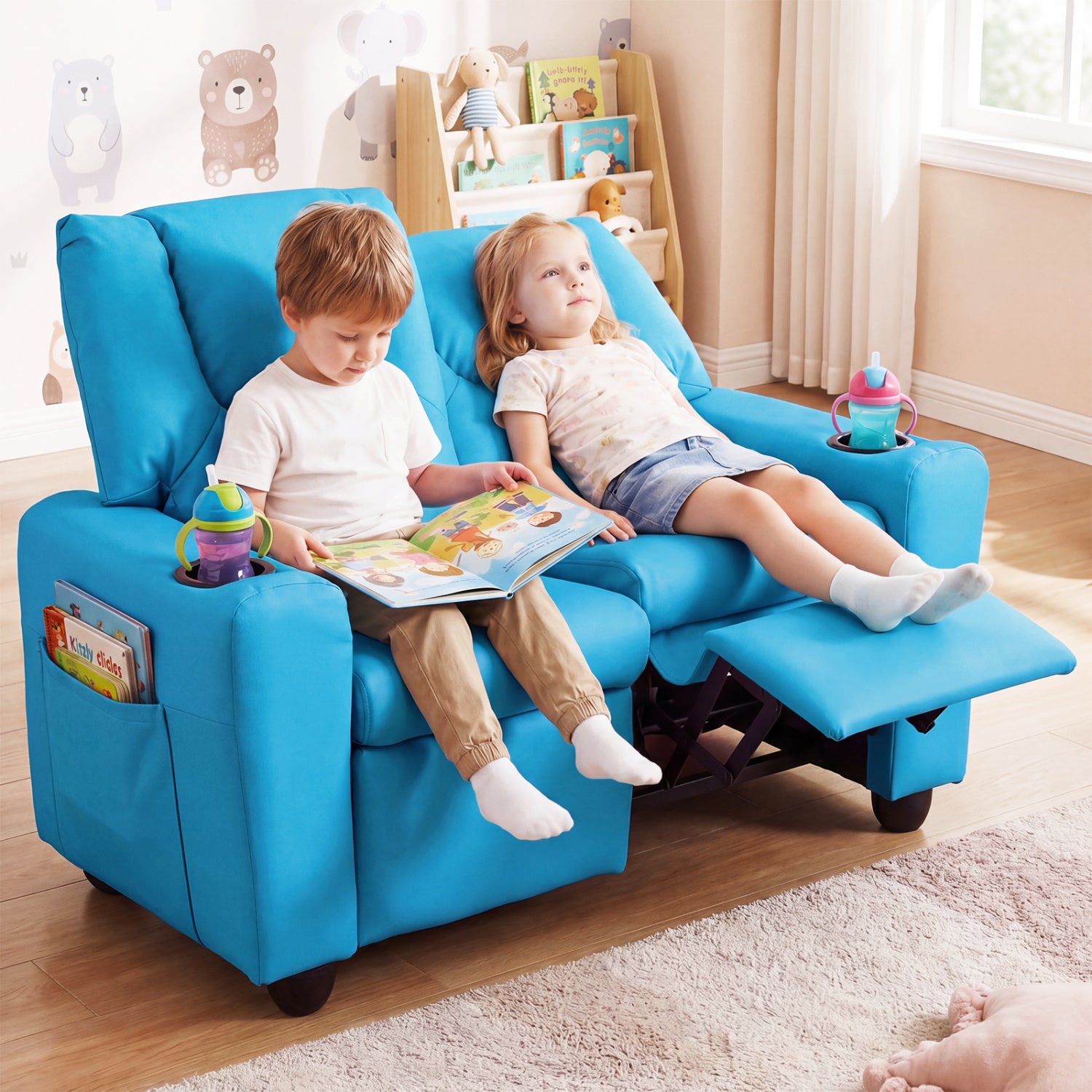 2-Seater Kids Recliner Double Toddler Sofa with 2 Cup Holders, Blue Kids Chairs & Seating at Gallery Canada
