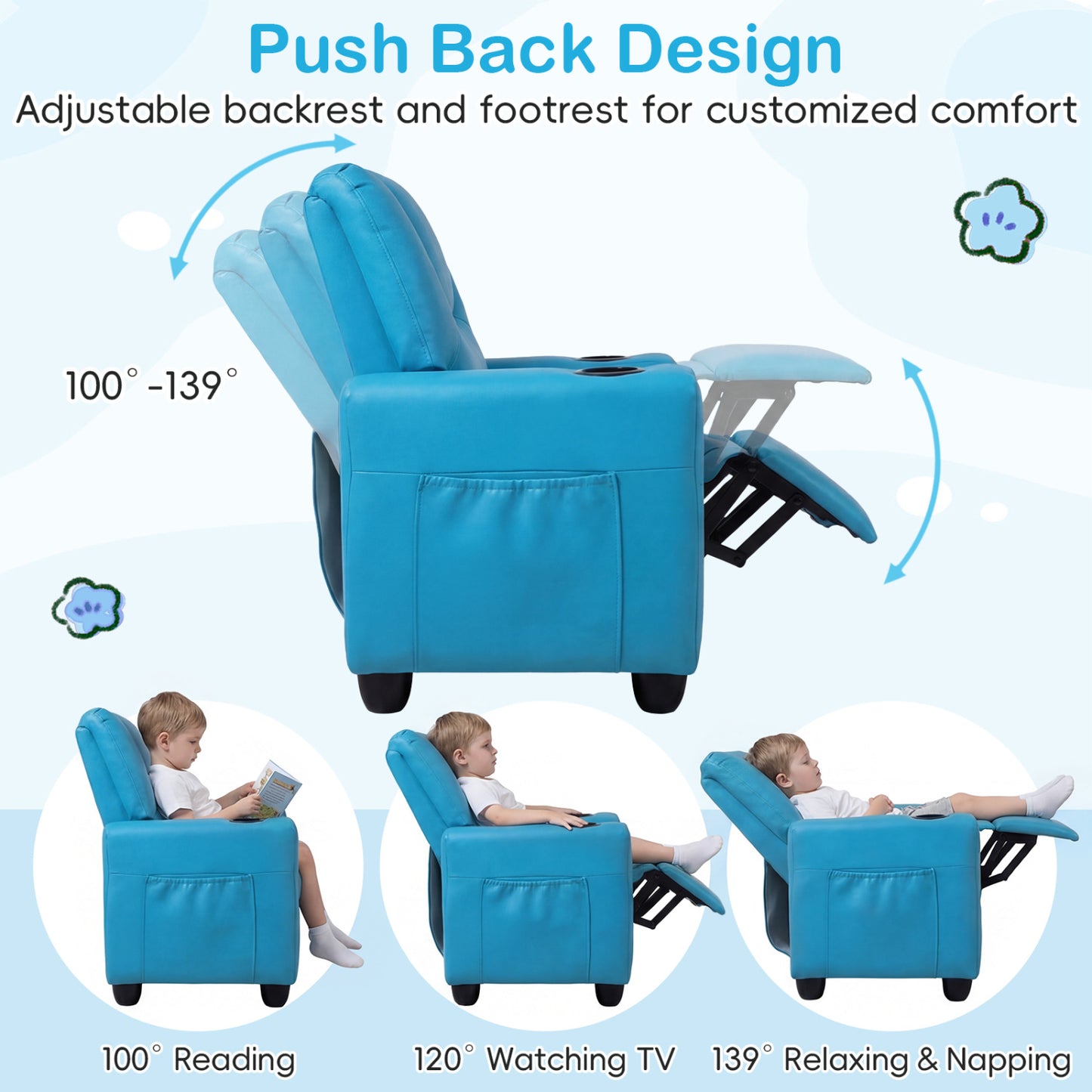 2-Seater Kids Recliner Double Toddler Sofa with 2 Cup Holders, Blue Kids Chairs & Seating at Gallery Canada