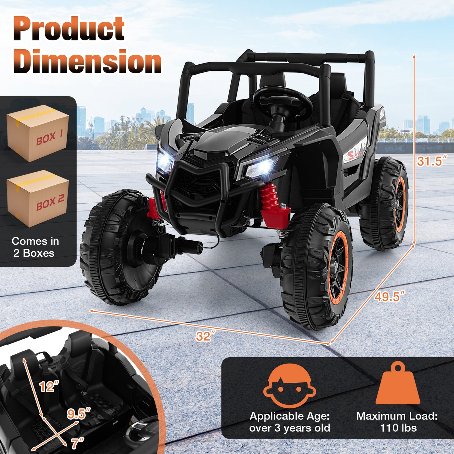 2-Seater Kids Ride On UTV, 2.4G Remote Control, Black Powered Ride On Toys at Gallery Canada