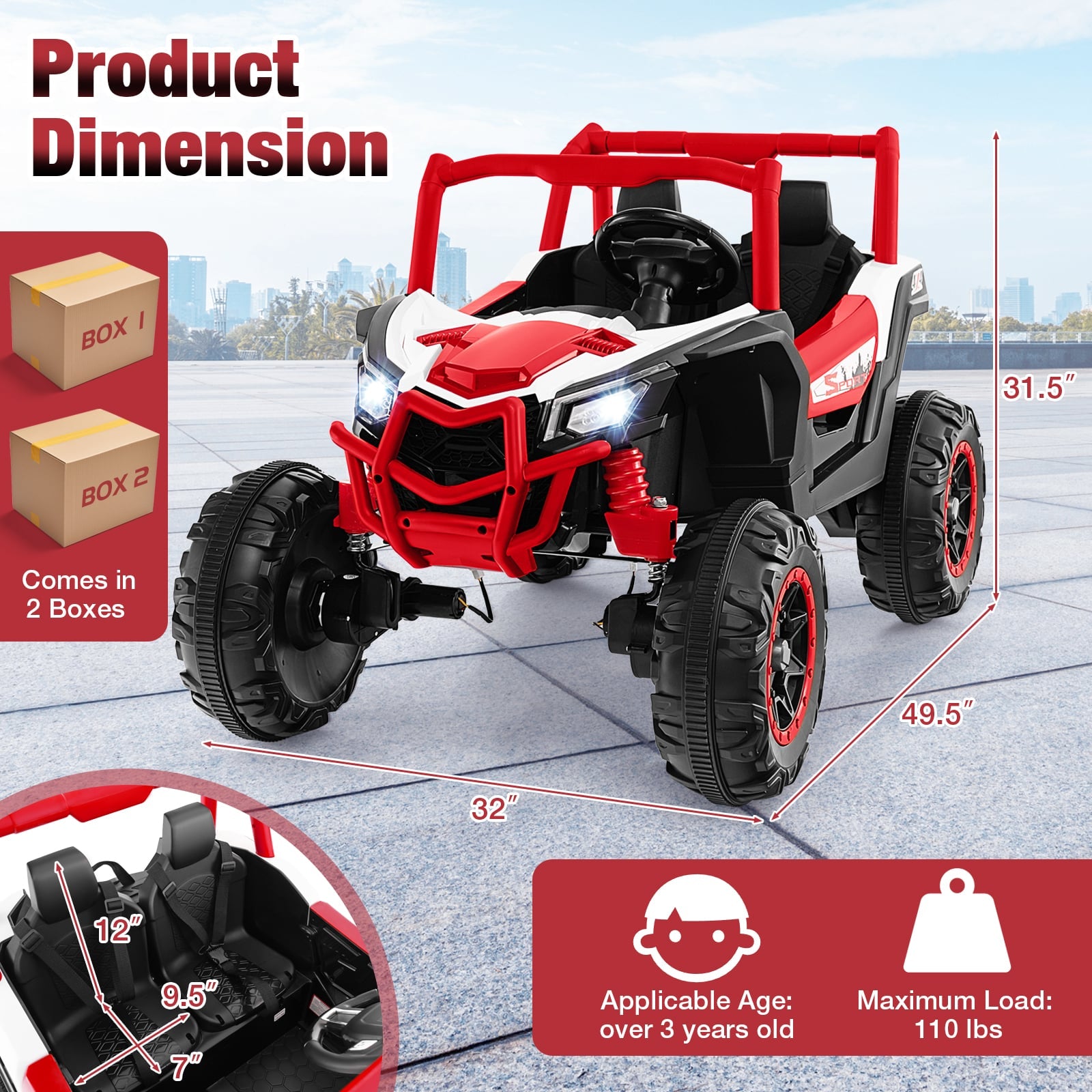 2-Seater Kids Ride On UTV, 2.4G Remote Control, Red Powered Ride On Toys at Gallery Canada
