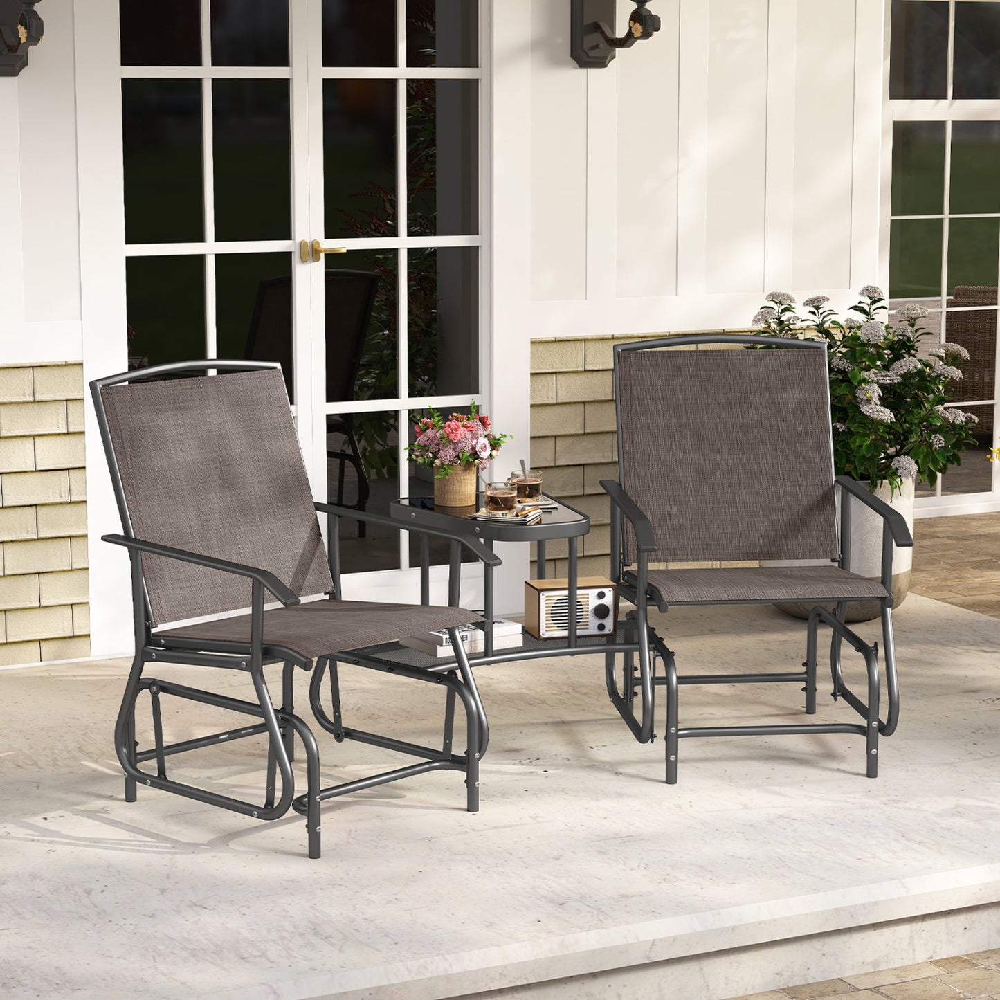 2-Seat Outdoor Glider Bench with Center Table, Brown