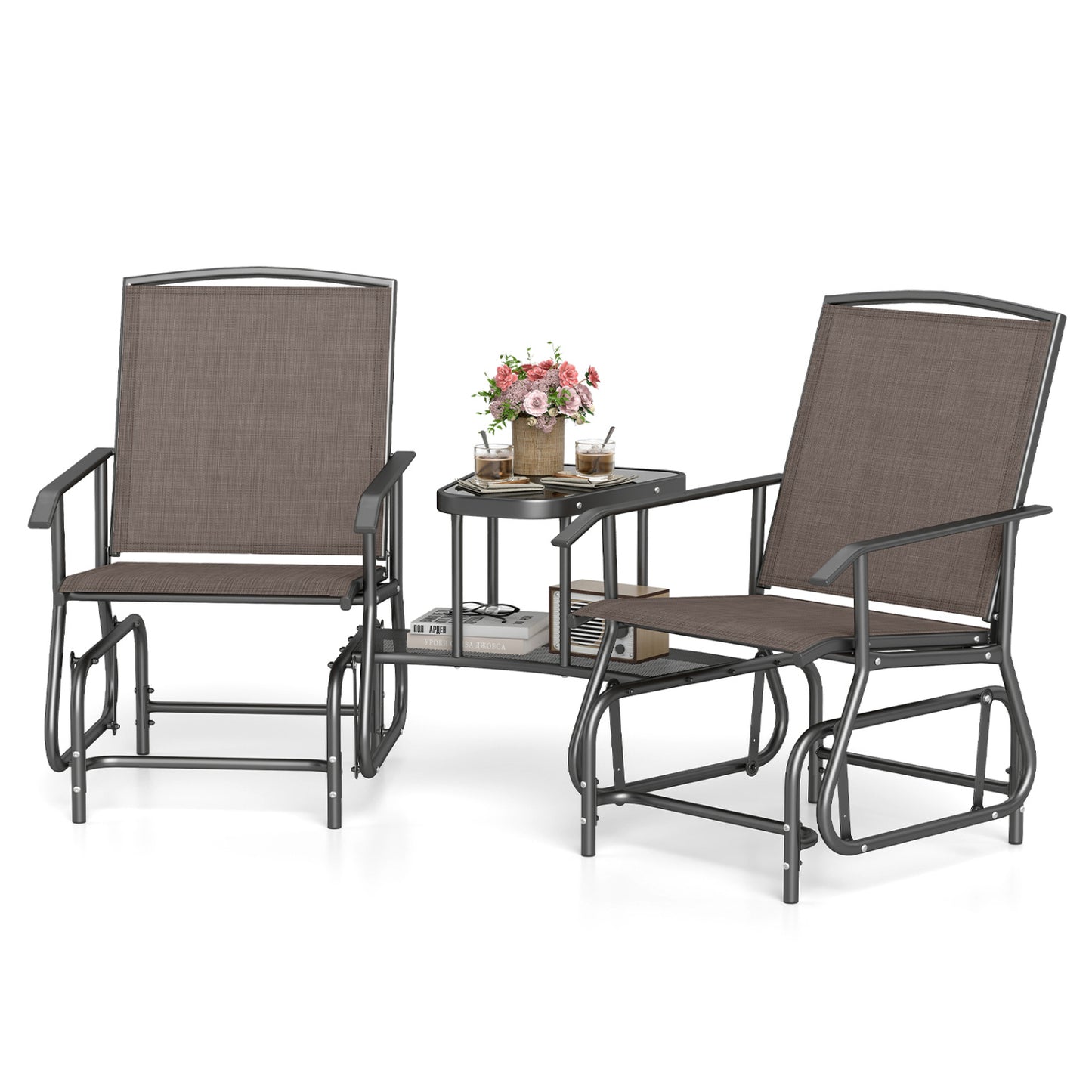 2-Seat Outdoor Glider Bench with Center Table, Brown