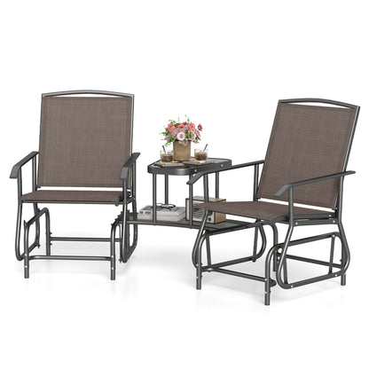 2-Seat Outdoor Glider Bench with Center Table, Brown