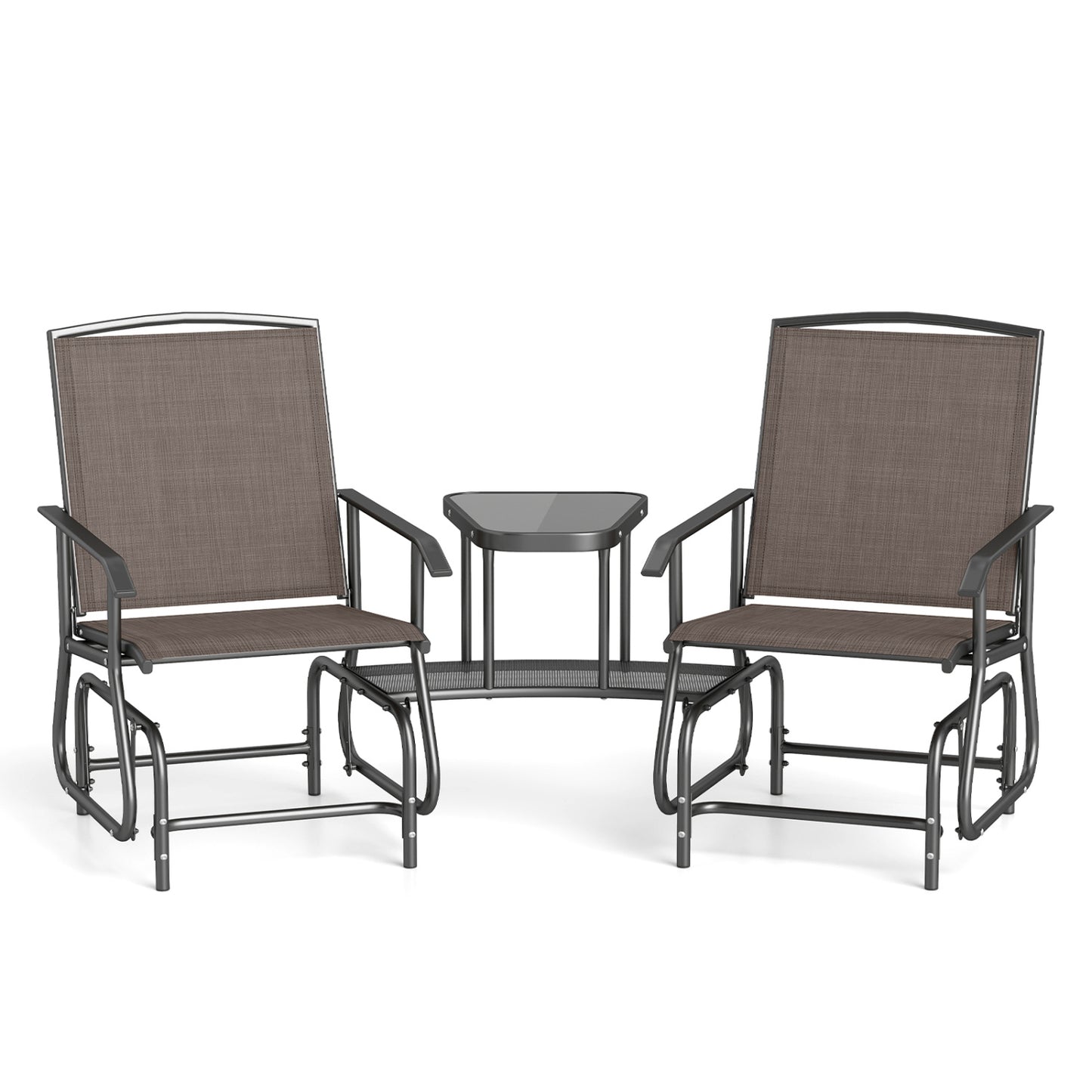 2-Seat Outdoor Glider Bench with Center Table, Brown