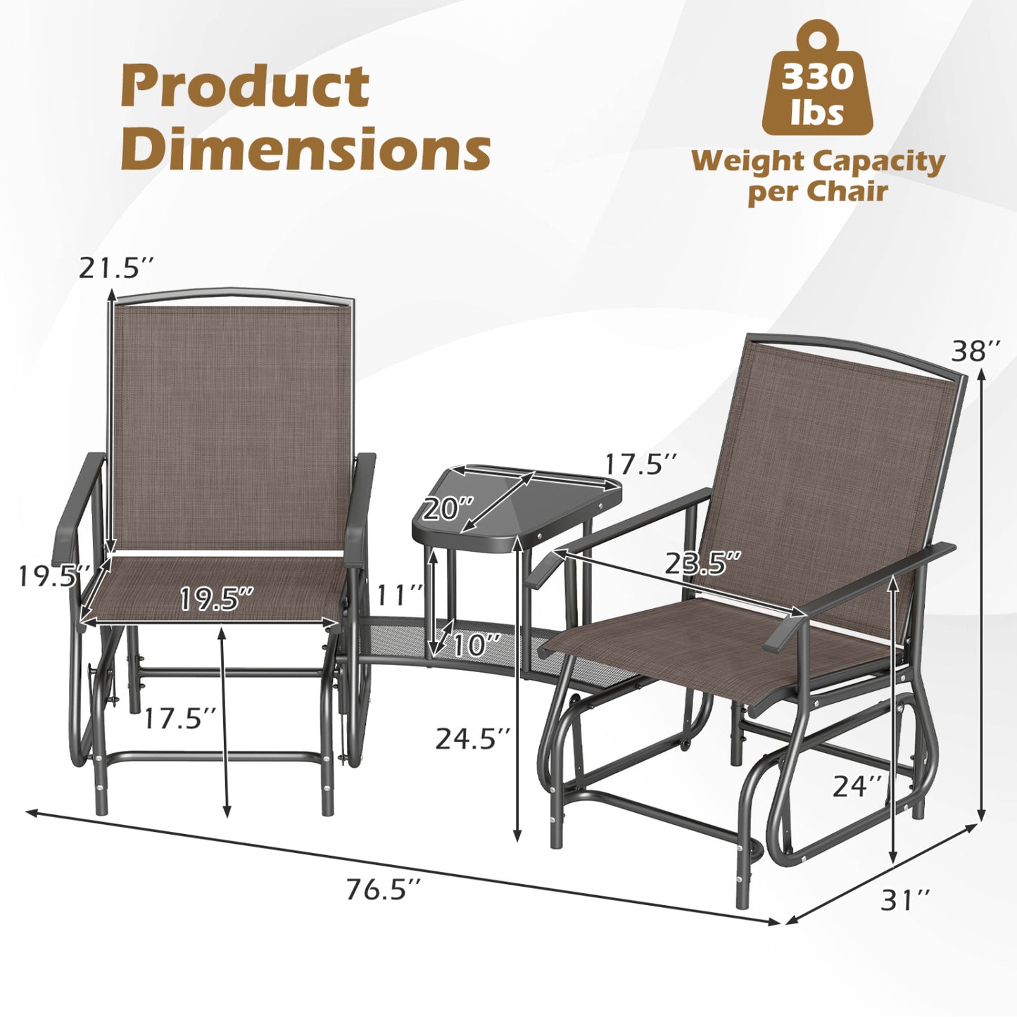 2-Seat Outdoor Glider Bench with Center Table, Brown