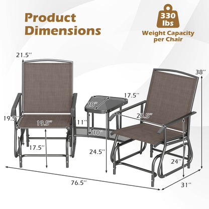 2-Seat Outdoor Glider Bench with Center Table, Brown