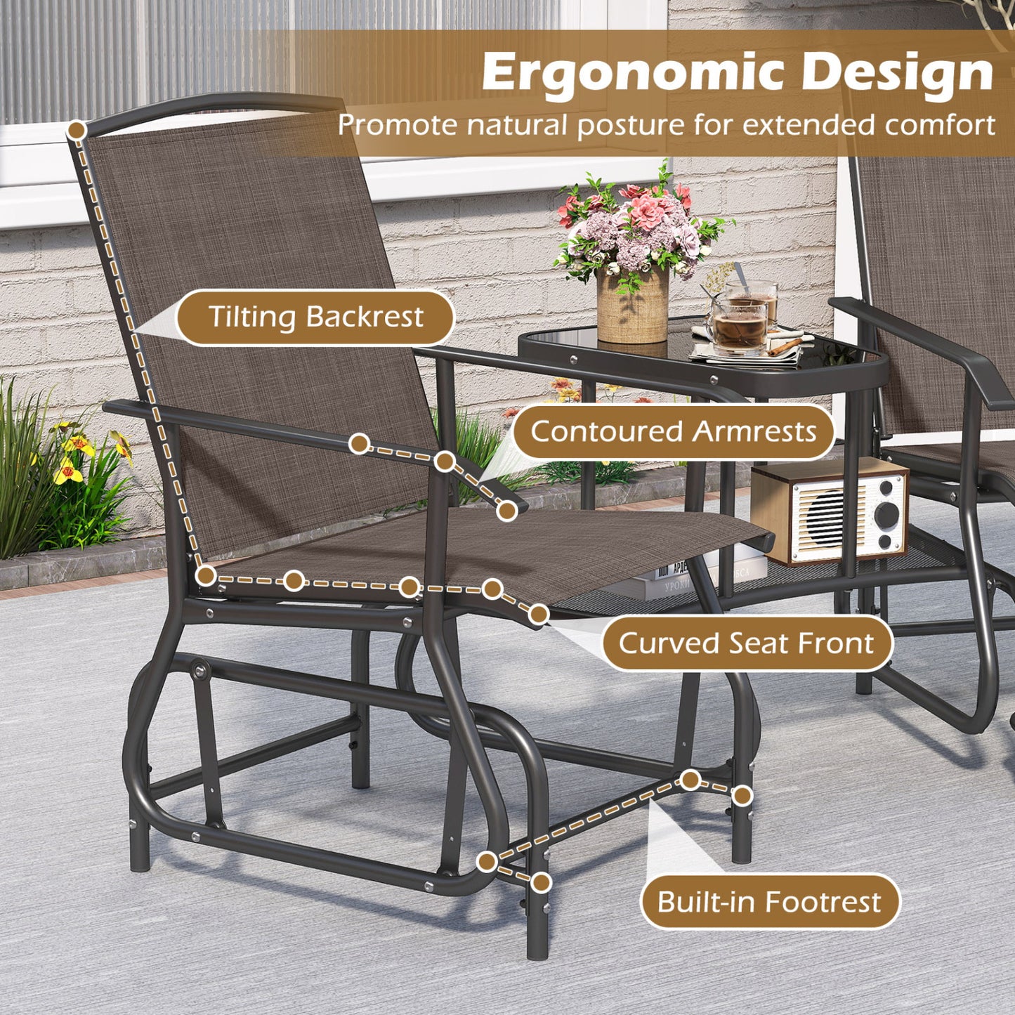 2-Seat Outdoor Glider Bench with Center Table, Brown