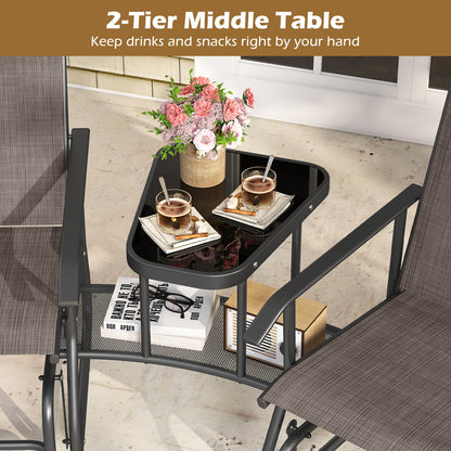 2-Seat Outdoor Glider Bench with Center Table, Brown