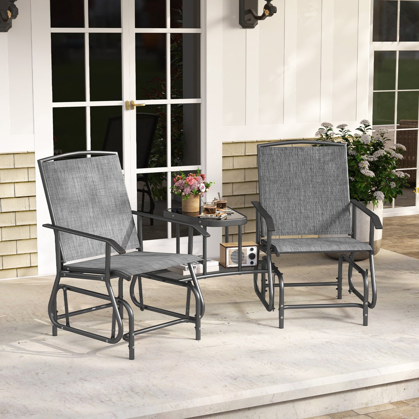 2-Seater Outdoor Glider Bench With 2-Tier Center Table, Gray