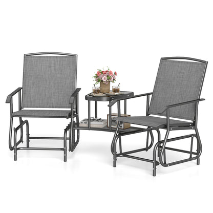 2-Seater Outdoor Glider Bench With 2-Tier Center Table, Gray