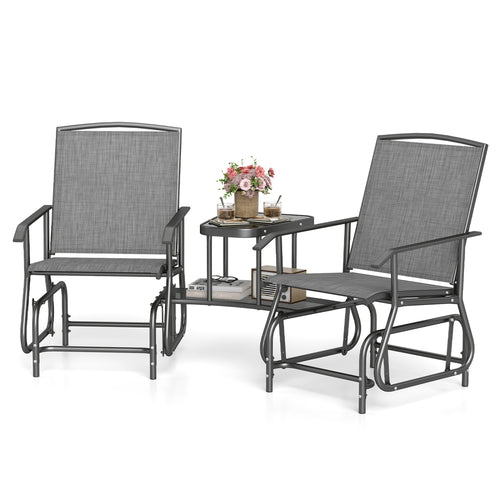 2-Seater Outdoor Glider Bench With 2-Tier Center Table, Gray