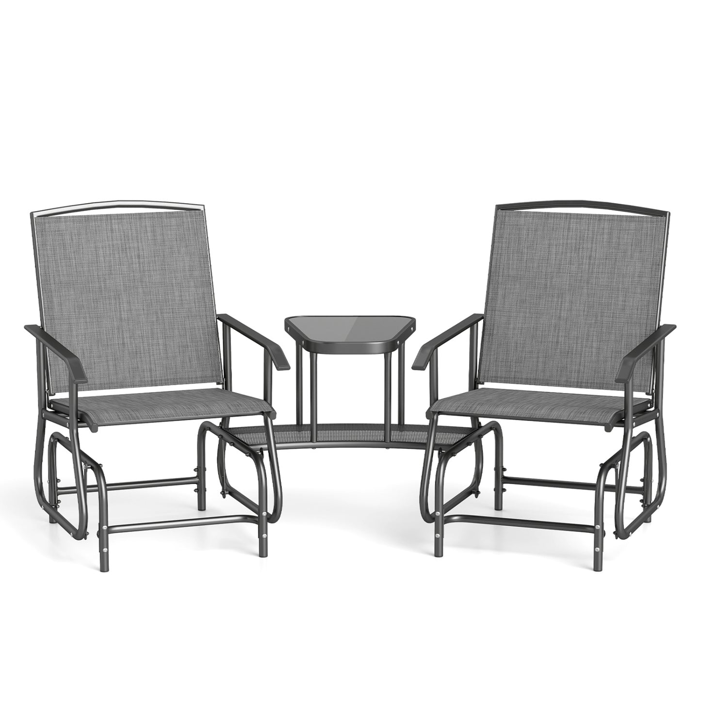 2-Seater Outdoor Glider Bench With 2-Tier Center Table, Gray