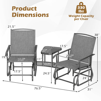 2-Seater Outdoor Glider Bench With 2-Tier Center Table, Gray
