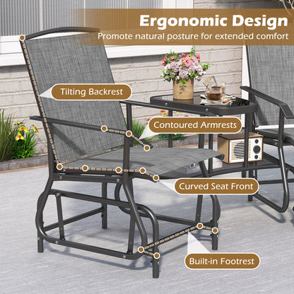 2-Seater Outdoor Glider Bench With 2-Tier Center Table, Gray