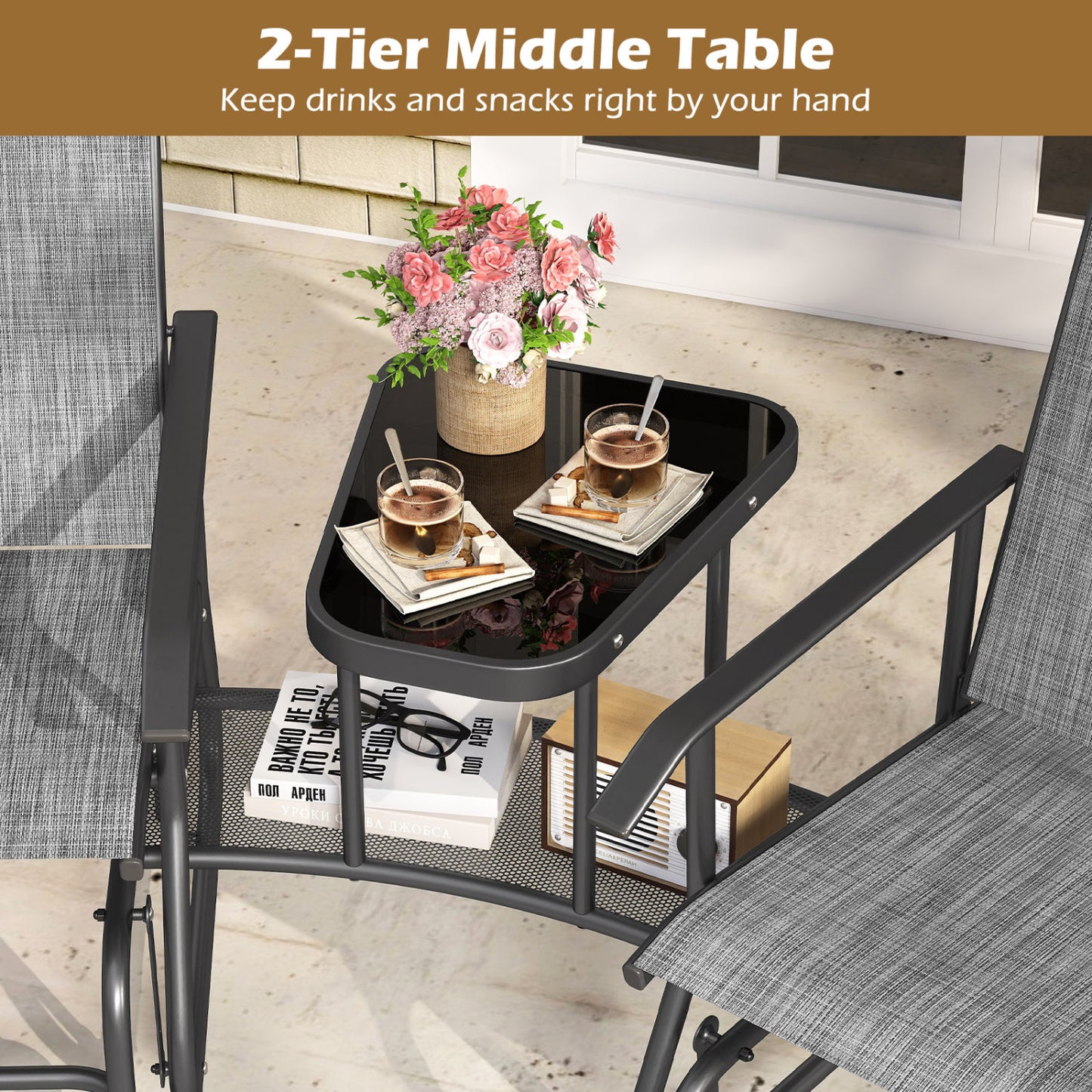 2-Seater Outdoor Glider Bench With 2-Tier Center Table, Gray