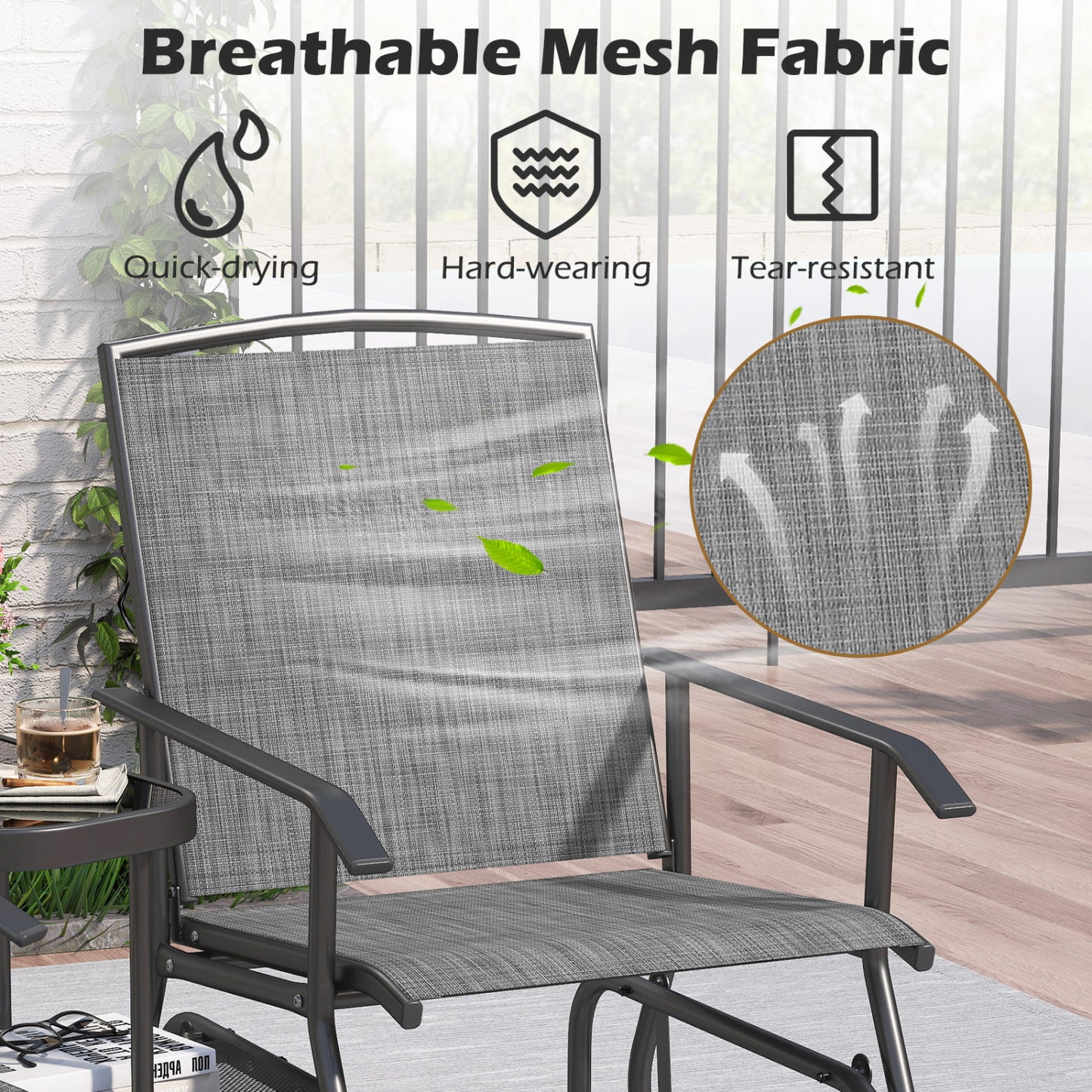 2-Seater Outdoor Glider Bench With 2-Tier Center Table, Gray