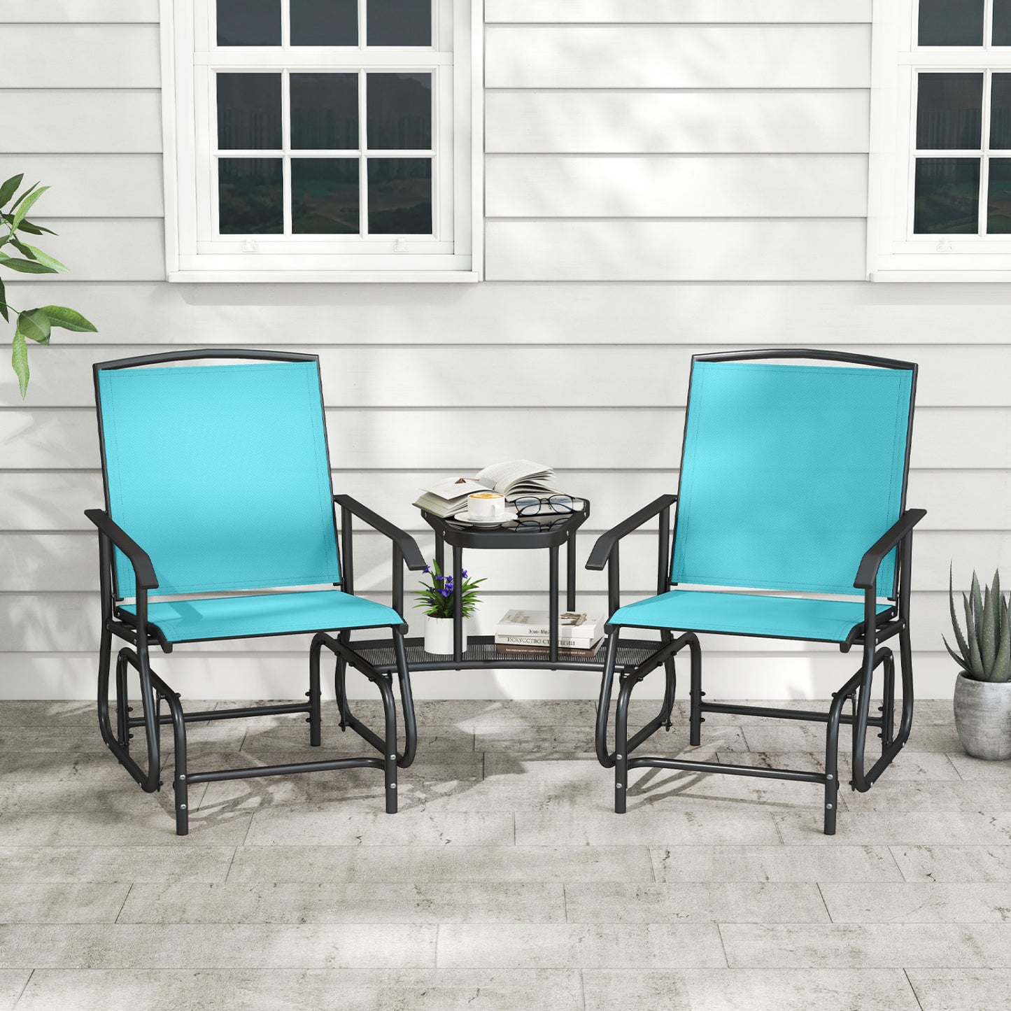 2-Seater Outdoor Glider Bench with 2-Tier Table, Turquoise
