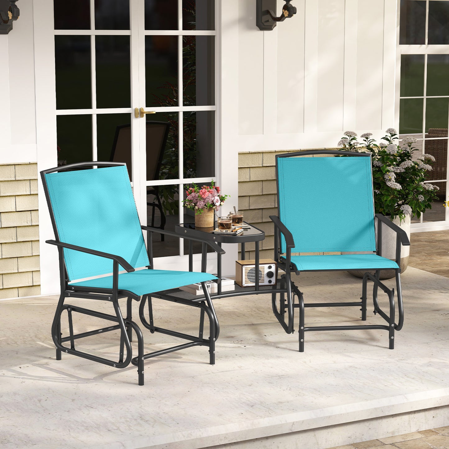 2-Seater Outdoor Glider Bench with 2-Tier Table, Turquoise