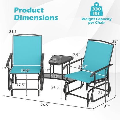 2-Seater Outdoor Glider Bench with 2-Tier Table, Turquoise