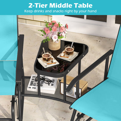 2-Seater Outdoor Glider Bench with 2-Tier Table, Turquoise