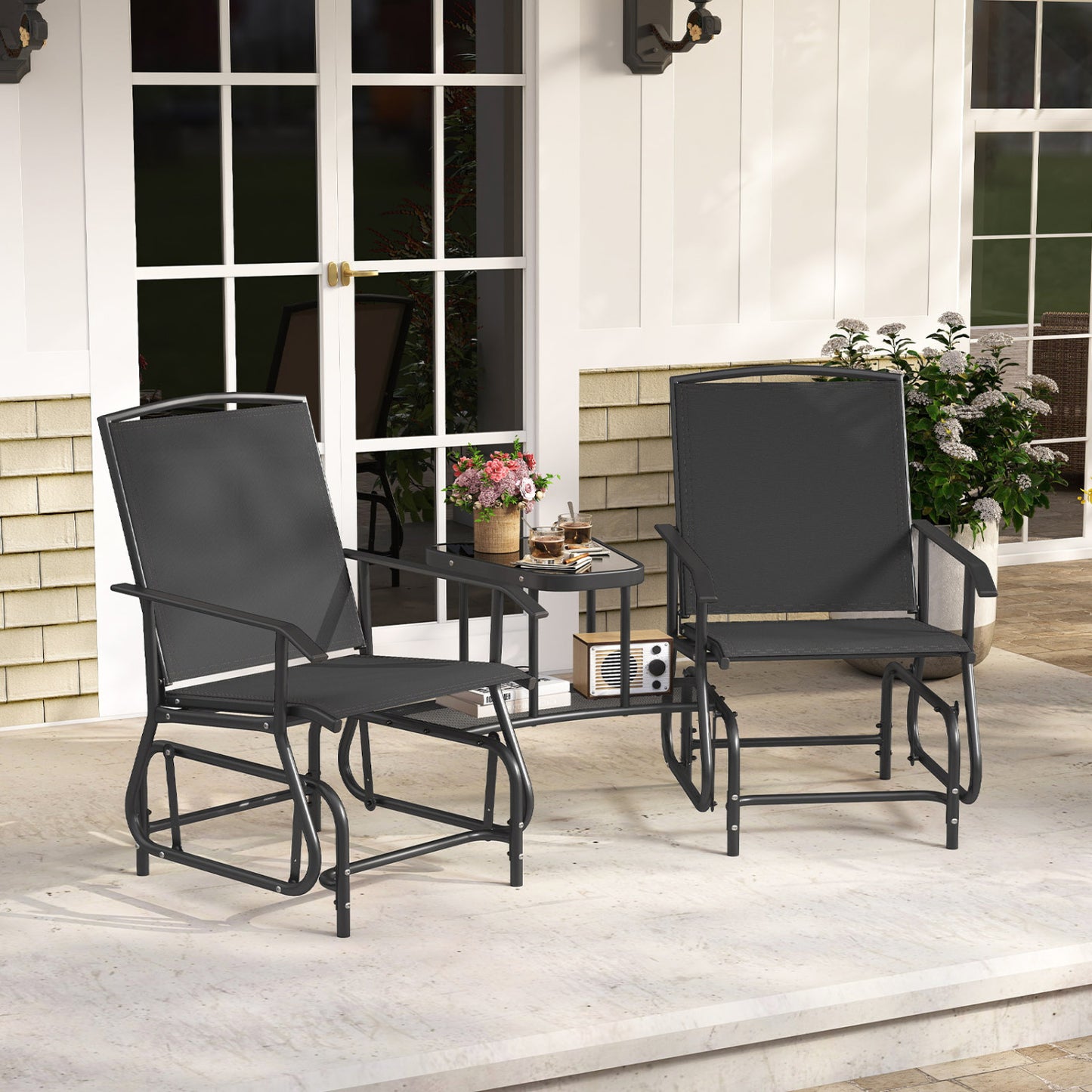 2-Seater Outdoor Glider Bench With 2-Tier Table, Black