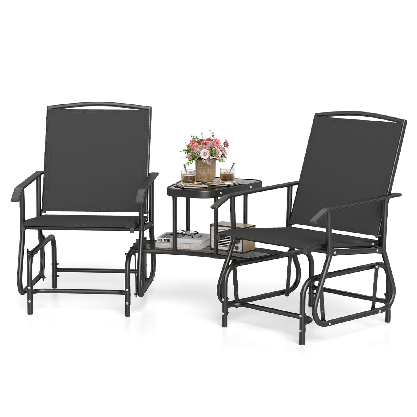 2-Seater Outdoor Glider Bench With 2-Tier Table, Black