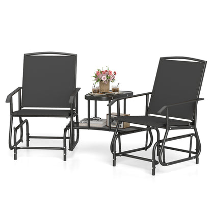 2-Seater Outdoor Glider Bench With 2-Tier Table, Black