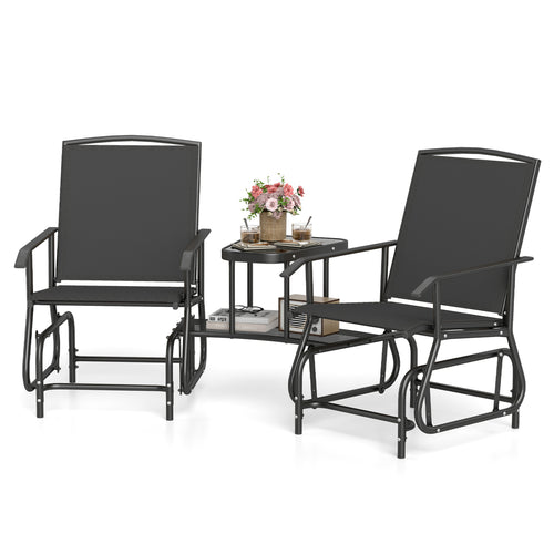 2-Seater Outdoor Glider Bench With 2-Tier Table, Black