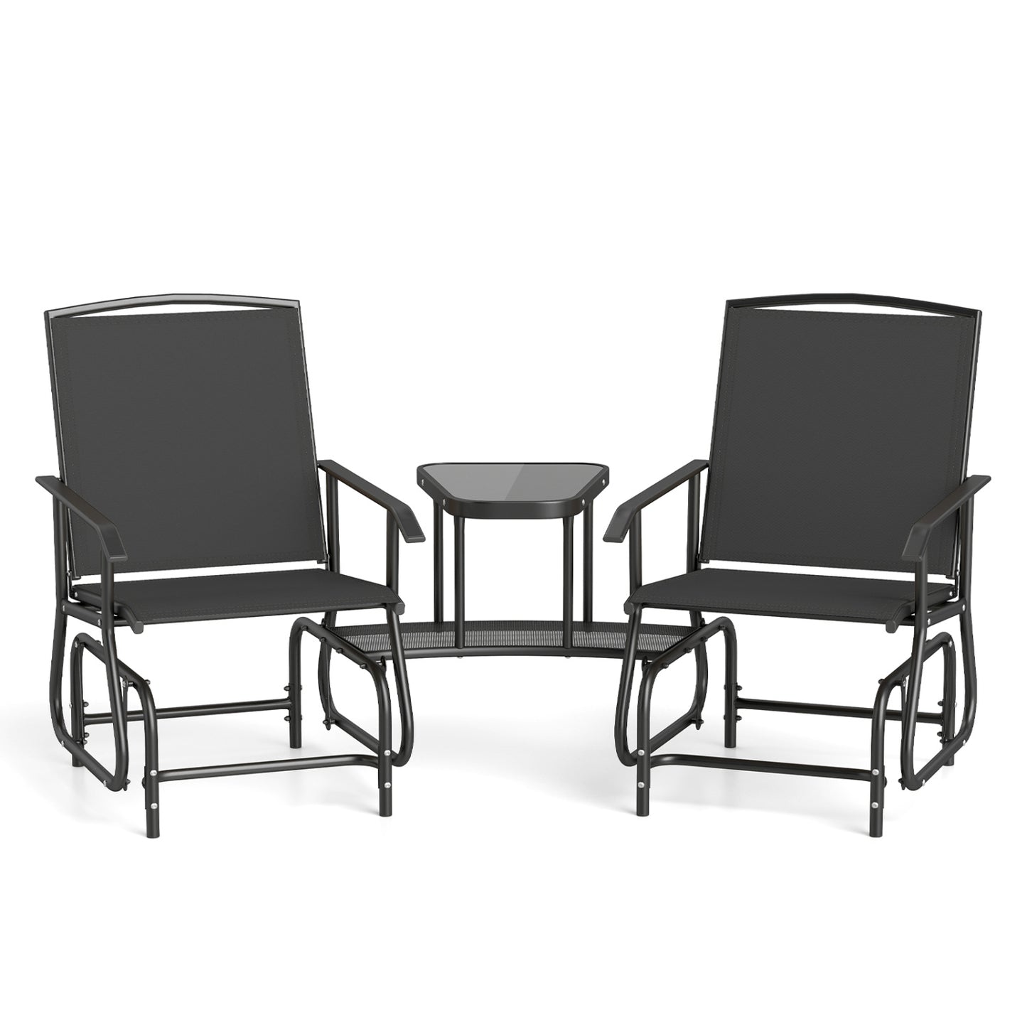 2-Seater Outdoor Glider Bench With 2-Tier Table, Black