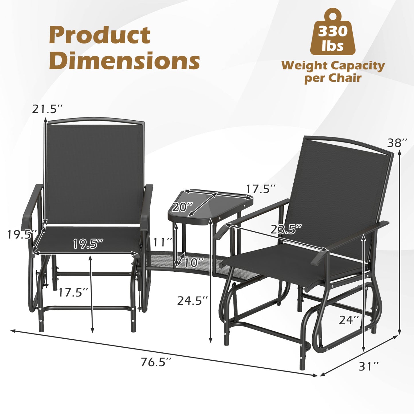 2-Seater Outdoor Glider Bench With 2-Tier Table, Black