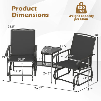 2-Seater Outdoor Glider Bench With 2-Tier Table, Black