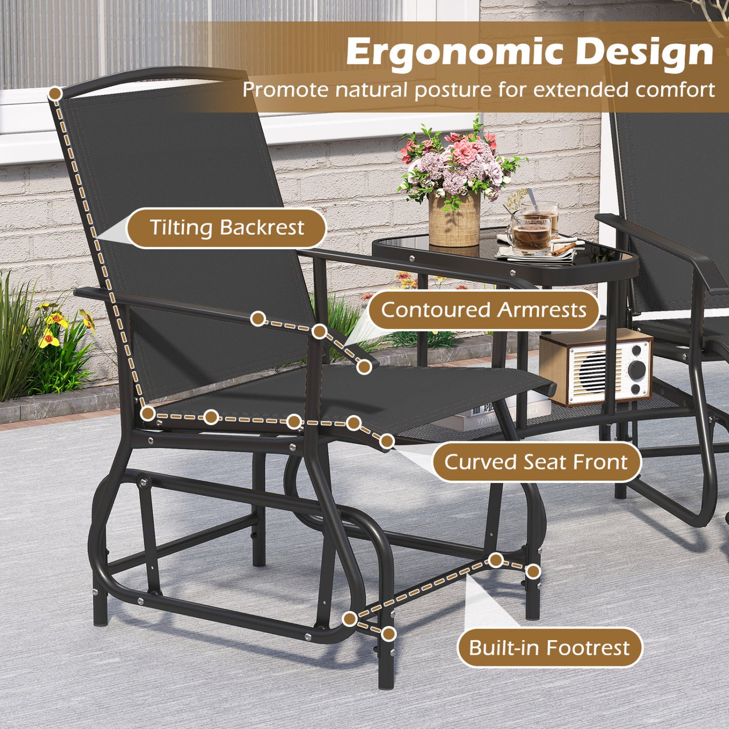 2-Seater Outdoor Glider Bench With 2-Tier Table, Black