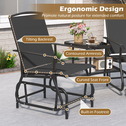 2-Seater Outdoor Glider Bench With 2-Tier Table, Black