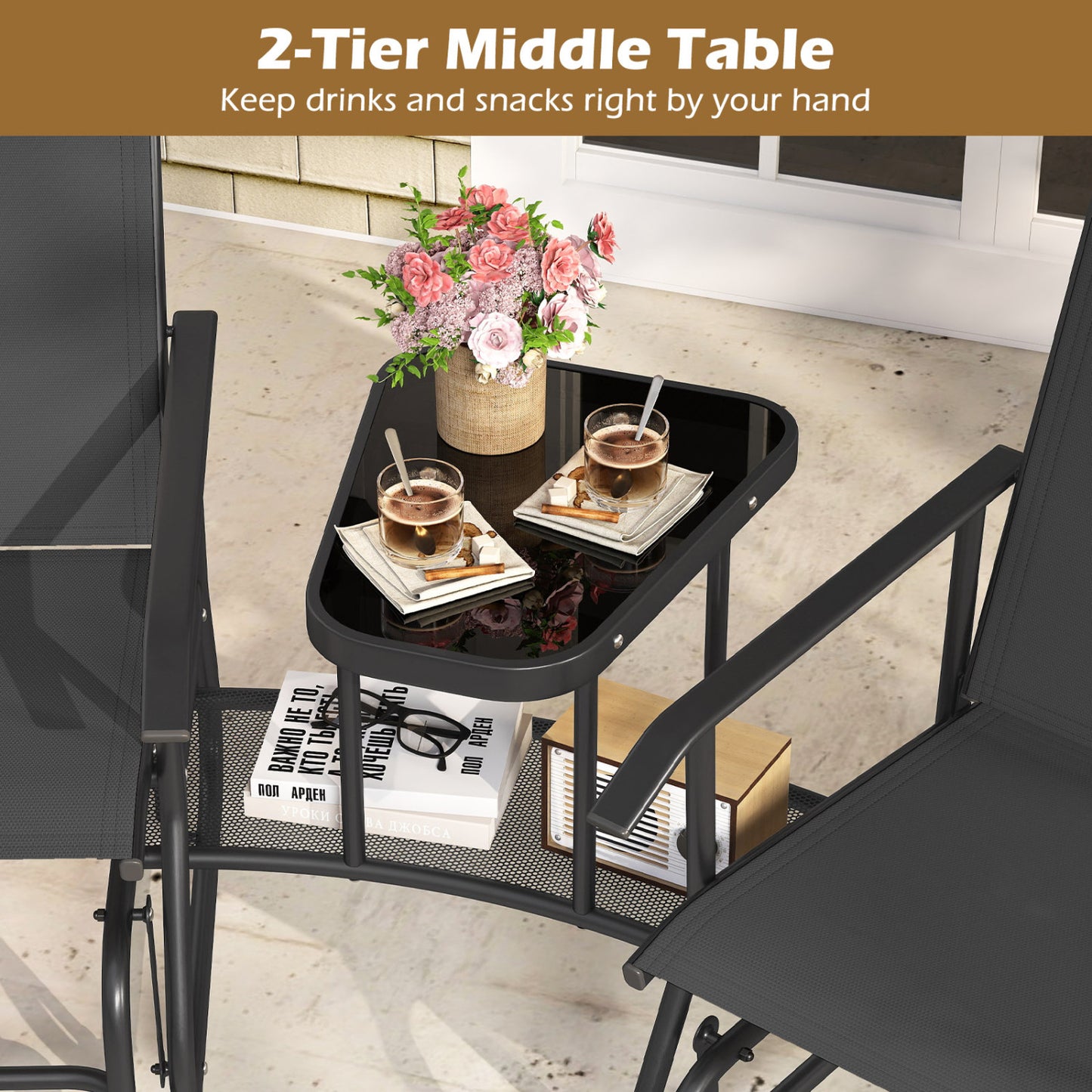 2-Seater Outdoor Glider Bench With 2-Tier Table, Black